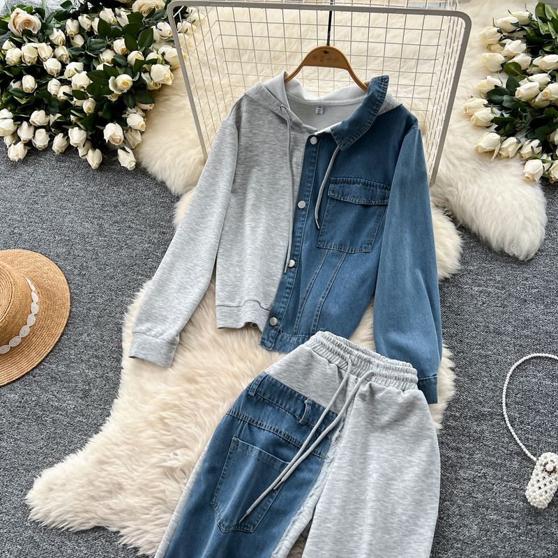 Casual Suit For Women Fashionable Design Splicing Hooded Sweatshirt High Waist Denim Splicing Wide Leg Pants Two Piece Set_voghion.com
