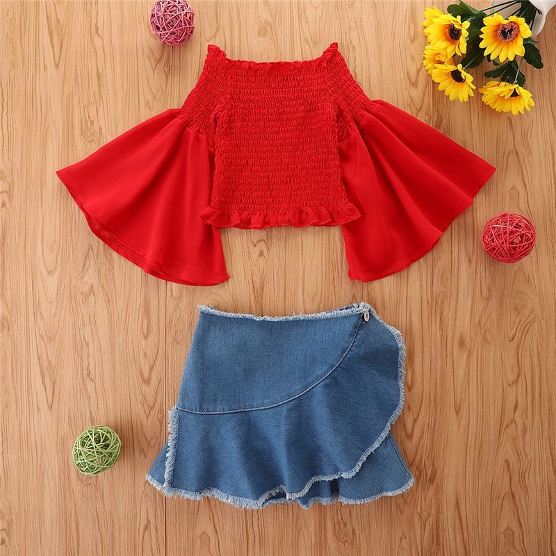 Grenzüberschreitende Kinderkleidung für Kinder im Frühlings- und Sommerstil, modischer Chiffon-One-Shoulder-Trompetenärmel-Top-Jeansrock-Mädchenanzug_voghion.com