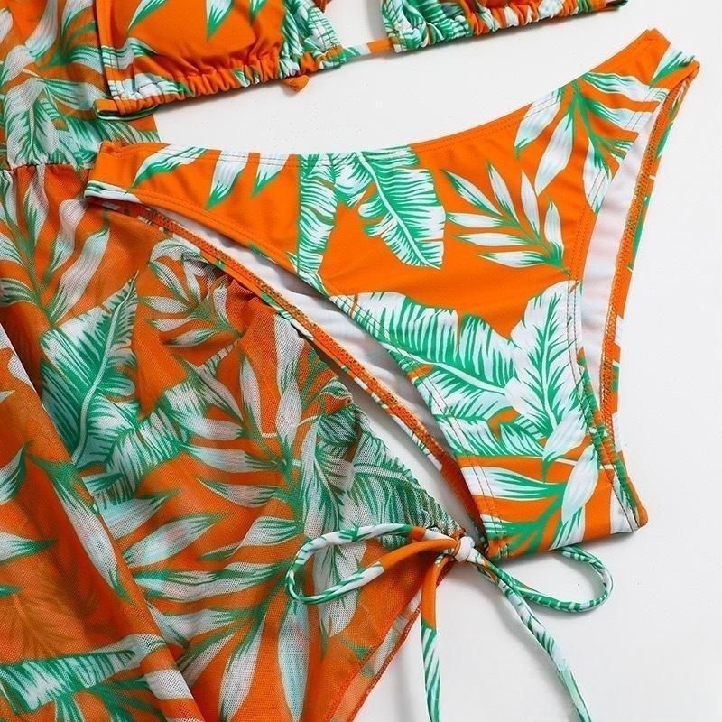Damenbekleidung Langärmliger dreiteiliger Bikini-Badeanzug mit Netzstoff in der Taille und Kordelzug, bedruckt, geteilt_voghion.com