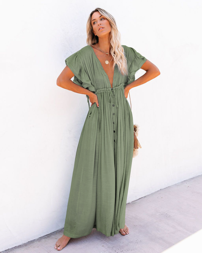 nuovo stile copricostume da spiaggia in tessuto di bambù con bottoni, corda in vita, gonna lunga, camicia di protezione solare_voghion.com