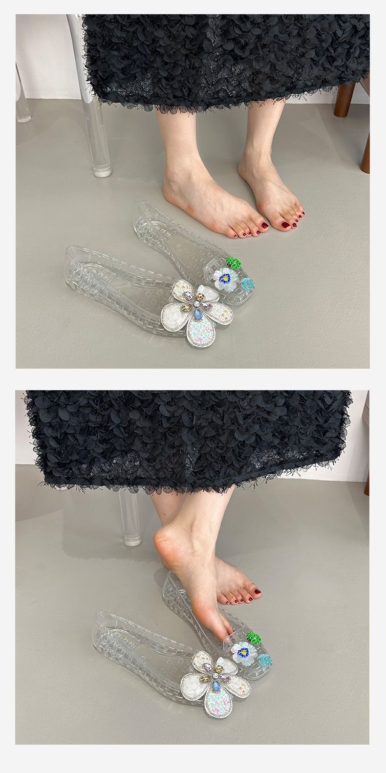 Sandali con testa quadrata, con paillettes e fiori, da donna, casual, con tacco quadrato, con tacco a spillo ..._voghion.com