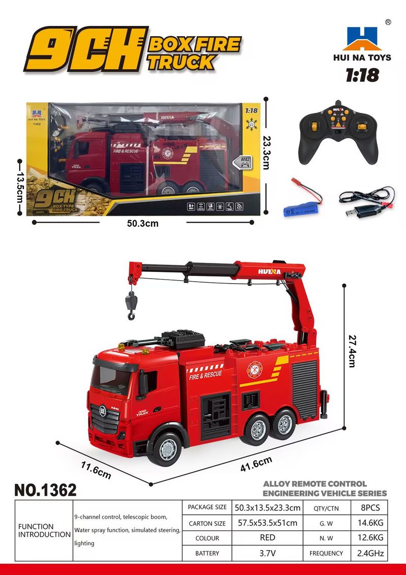 Mother & Kids 1:18 Scale 9-Channel Remote Control Alloy Fire Truck Realistic Design LED Lights Premium Construction Vehicle Toy For Kids & Collectors_voghion.com