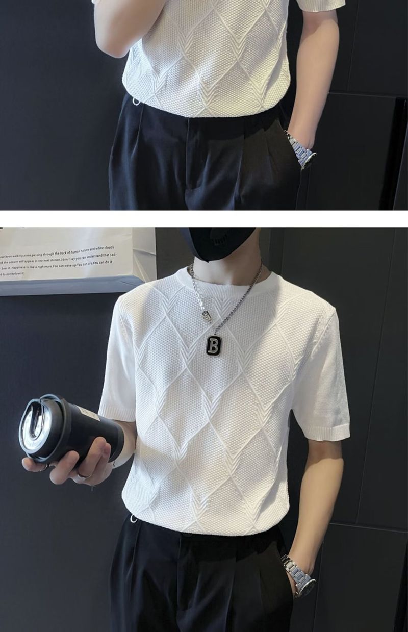 Camiseta de manga curta de seda gelada para o verão, suéter de malha fino da marca da moda, corte slim, elástico e respirável_voghion.com