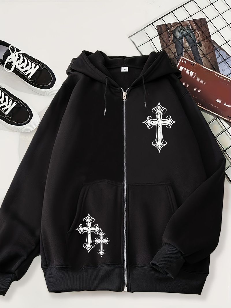 Herren-Hoodie mit Gothic-Totenkopf-Print – Schwarzes Sweatshirt mit Reißverschluss und Fleecefutter, Oversize-Passform, Langarm, Unisex-Streetwear für Freizeitkleidung_voghion.com