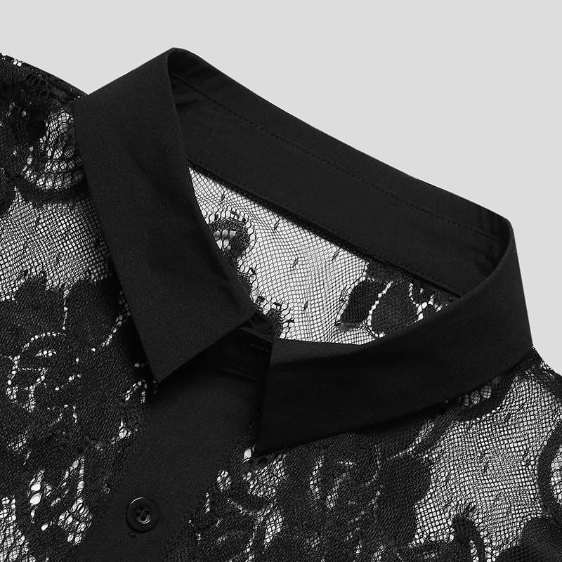 Camicia a maniche lunghe in pizzo traspirante da uomo, camicia in rete trasparente e sexy per feste_voghion.com
