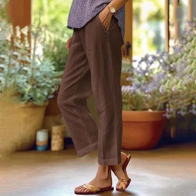 Muslim Women's Cotton And Linen Loose Solid Color Elastic Waist Pocket Straight Casual Pants_voghion.com