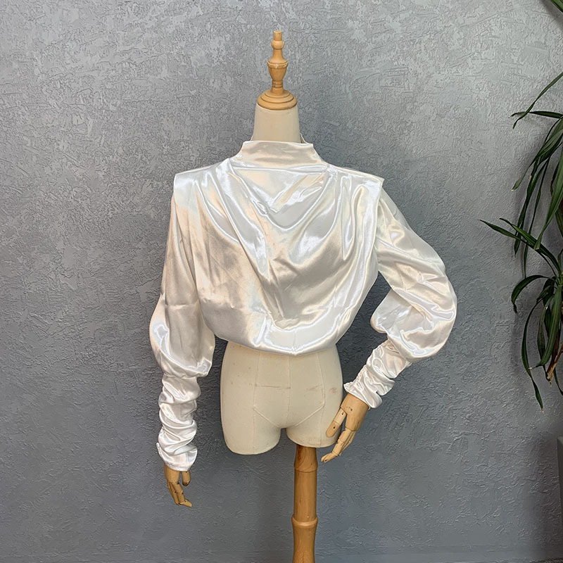 Women's woven tops fashion loose high collar long sleeves slim short tops _voghion.com