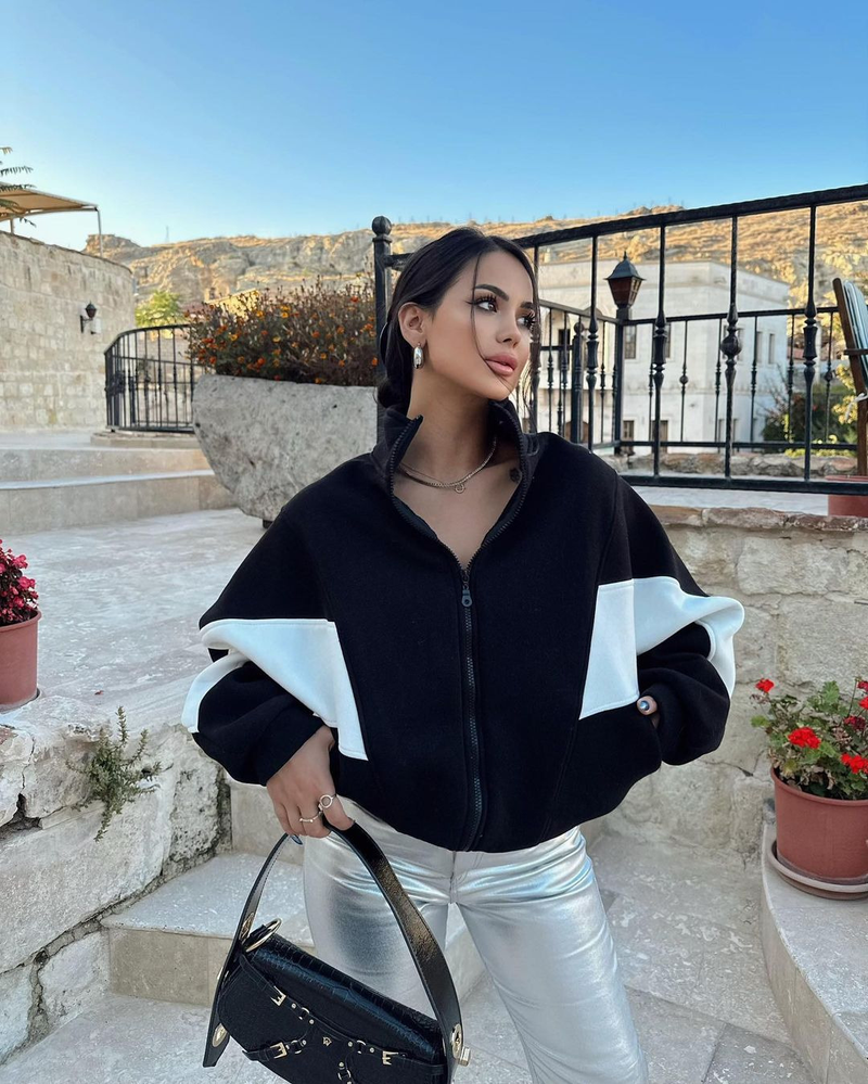 Women's Clothing Autumn and Winter Hot Style Loose Casual Versatile Top Long Sleeve Color Block Stand Collar Jacket for Women_voghion.com