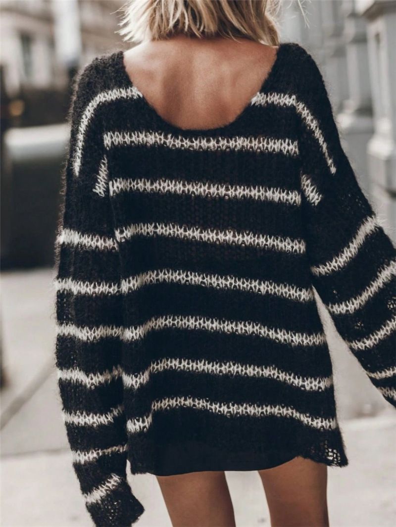 Haut en tricot transparent à rayures pour femme – Pull oversize à col en V avec une touche rétro (noir, S-L)_voghion.com