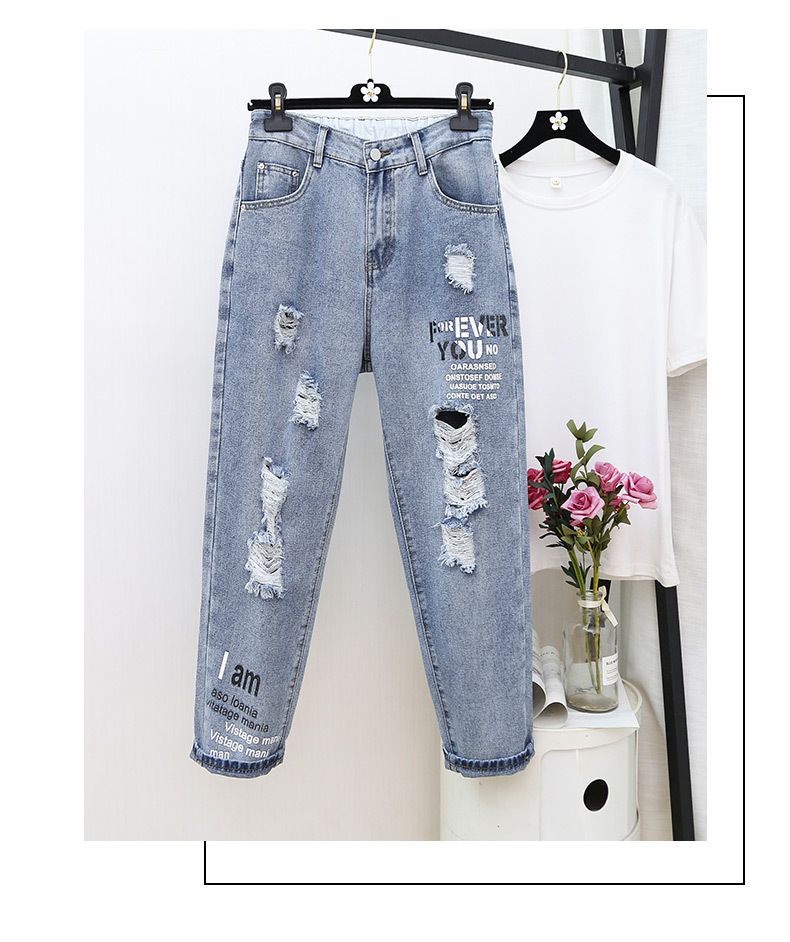 Damkläder Stora storlekar Slitna jeans Niopunktsbyxor Lösa harembyxor_voghion.com