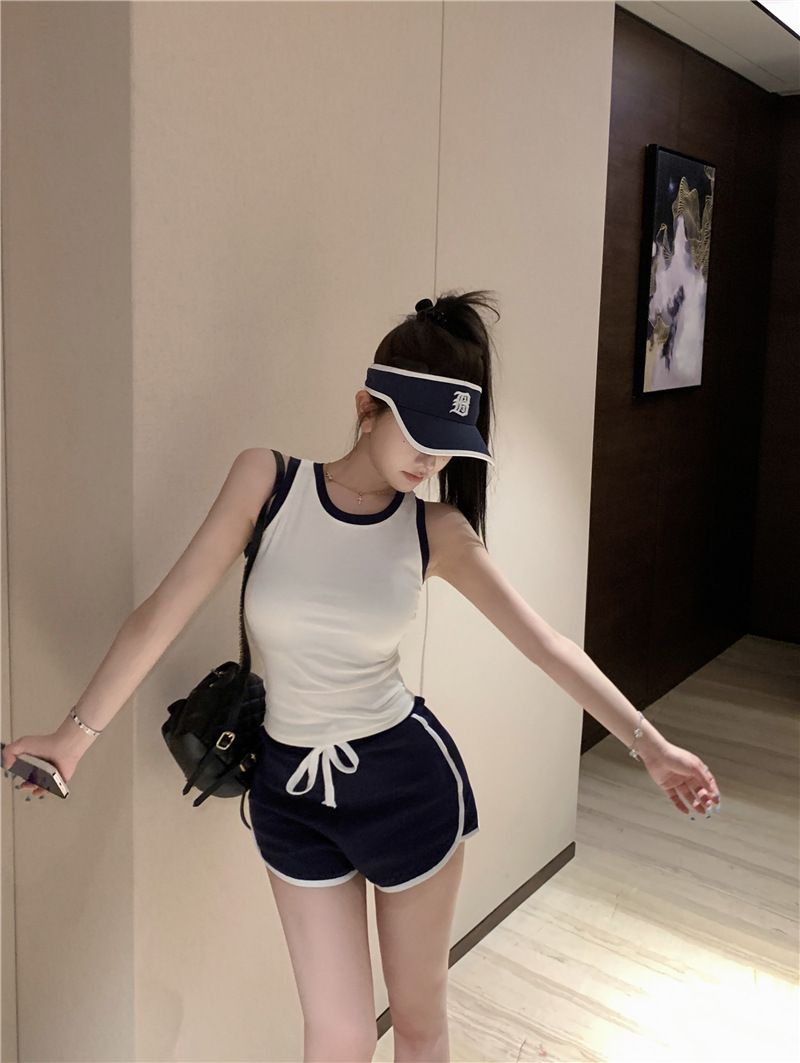 Yidaka Heartbeat Object Self-Reserved Desire Color-Block Tank Top Kordelzug Shorts Hot Pants Girly Zweiteiler_voghion.com