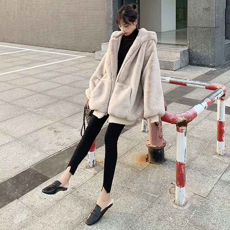 Lucyever, abrigo con capucha de piel sintética de invierno para mujer, chaqueta de piel sintética cálida informal de Color sólido, chaqueta gruesa peluda a la moda para mujer_voghion.com