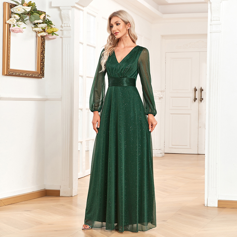Ženska elegantna večerna obleka iz bleščečega šifona z V-izrezom, a-kroja, poročna obleka z dolgimi rokavi za družice New Vestido De Festa_voghion.com