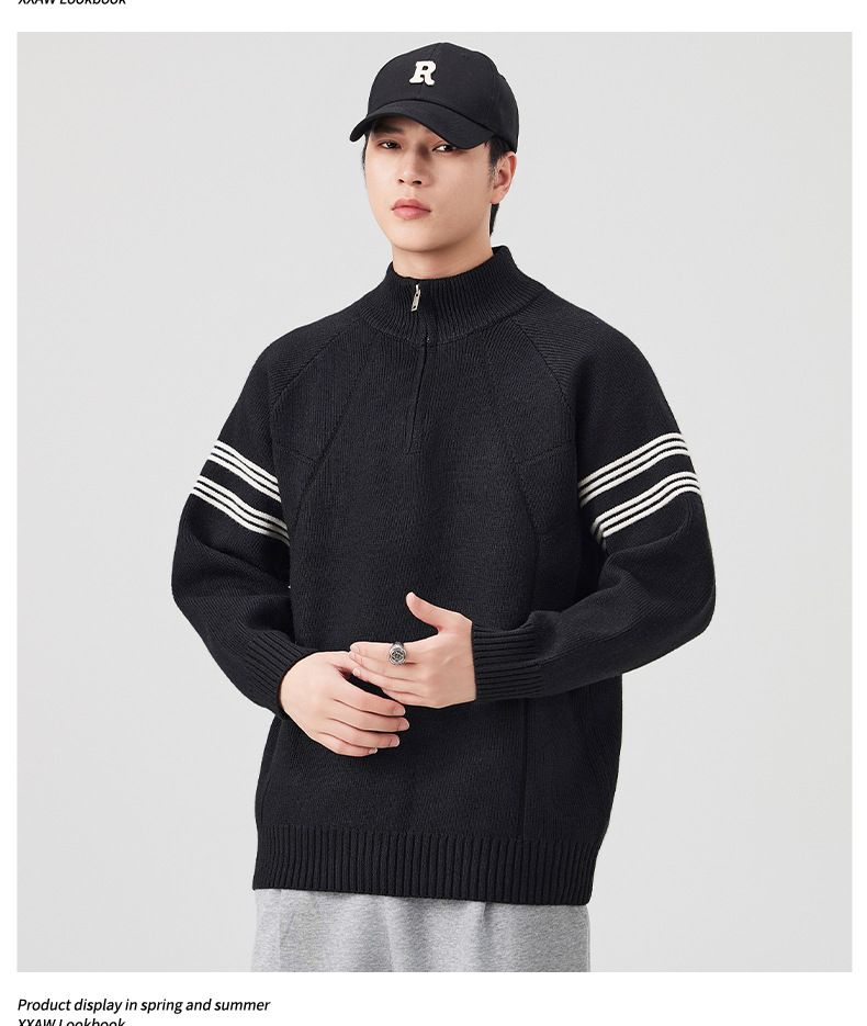 Retro Stand Collar Zip-Up Knit Sweater – Unisex Streetwear Pullover (M-3XL, Relaxed Fit, Vintage Aesthetic)_voghion.com