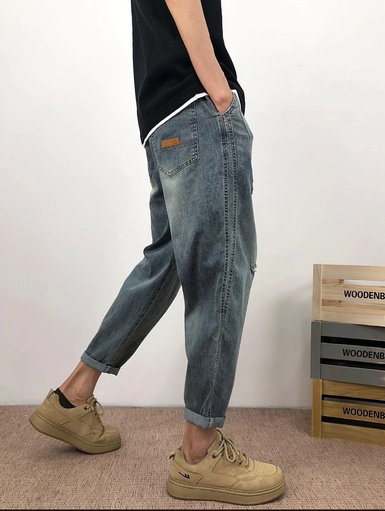 Spring Casual Thin Loose Wide-Leg Harem Trendy Brand Nine-Point Cool Workwear Light Denim Pants Men_voghion.com