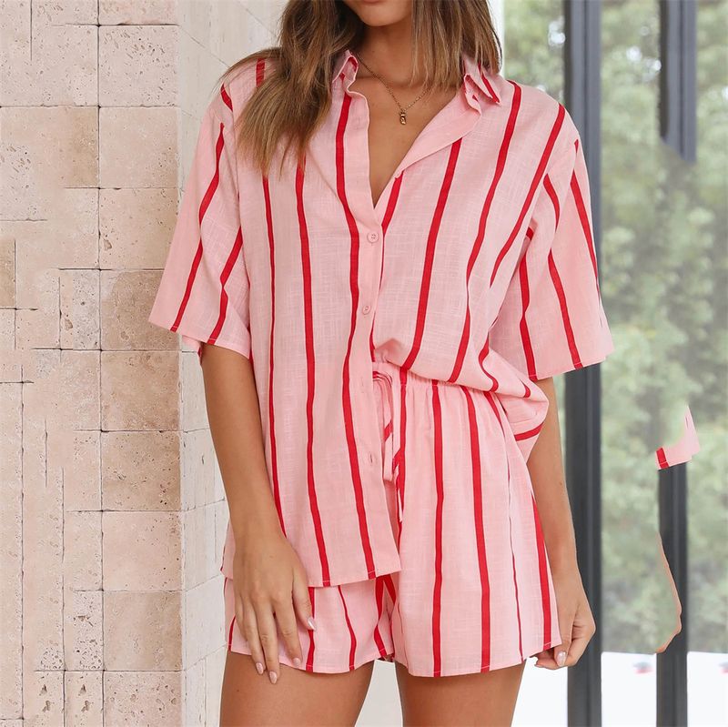 Vêtements pour femmes printemps et été nouvelle plage chemise à manches courtes dames loisirs deux pièces mode rayé short costume_voghion.com