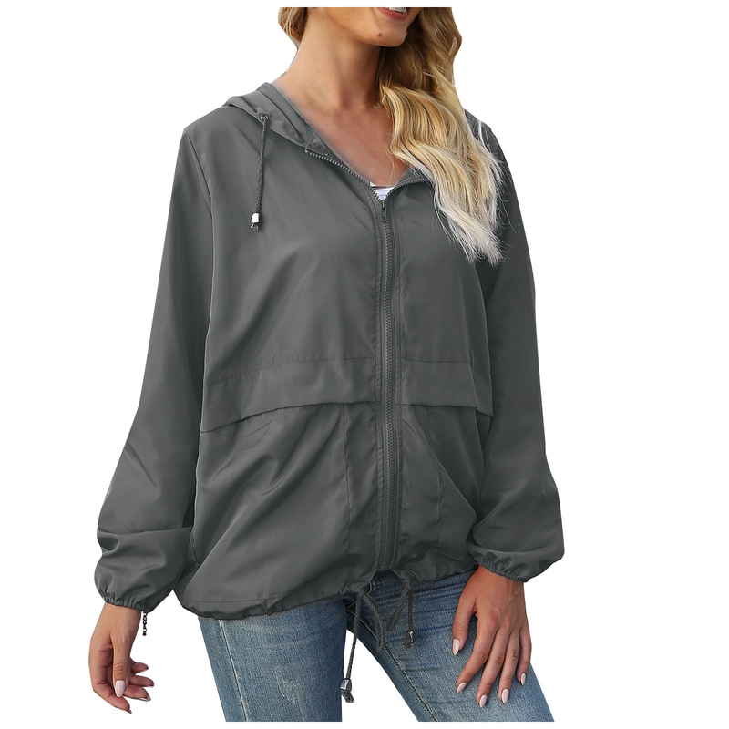 Mode damer i enfärgade långärmad vindjacka utomhusjackor Regnjacka med huva vindtät kappa Ytterkläder_voghion.com