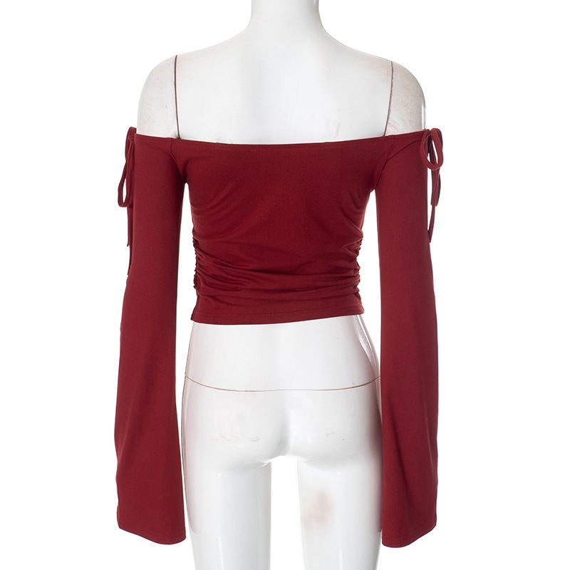 Q24TP650 Women's Autumn/Winter One Word Collar Bow Tie Shrink Fold Short Open Umbilical Top T-shirt_voghion.com