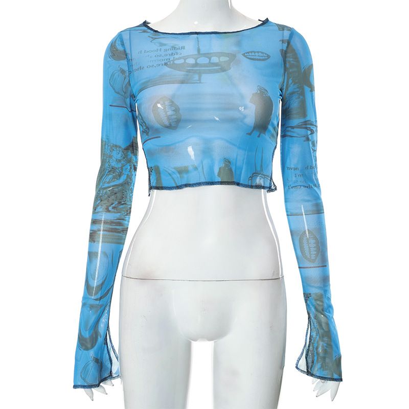 Q21TP458 Jersey estampado de manga larga con cuello redondo de otoño e invierno con abertura lateral umbilical abierta Moda informal_voghion.com