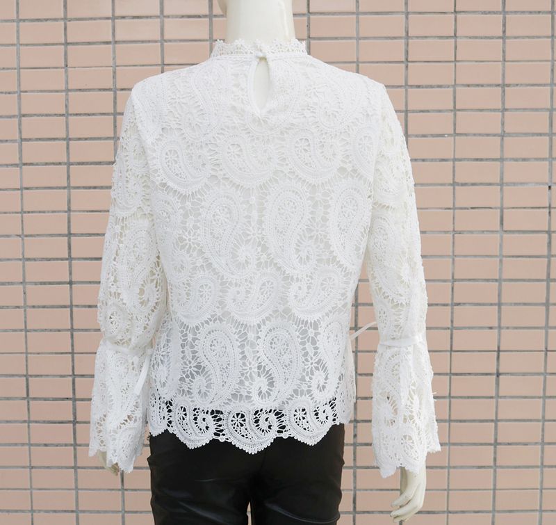 Damenbekleidung Spitzenspleißen Langarm-T-Shirt Spitzenhemd_voghion.com