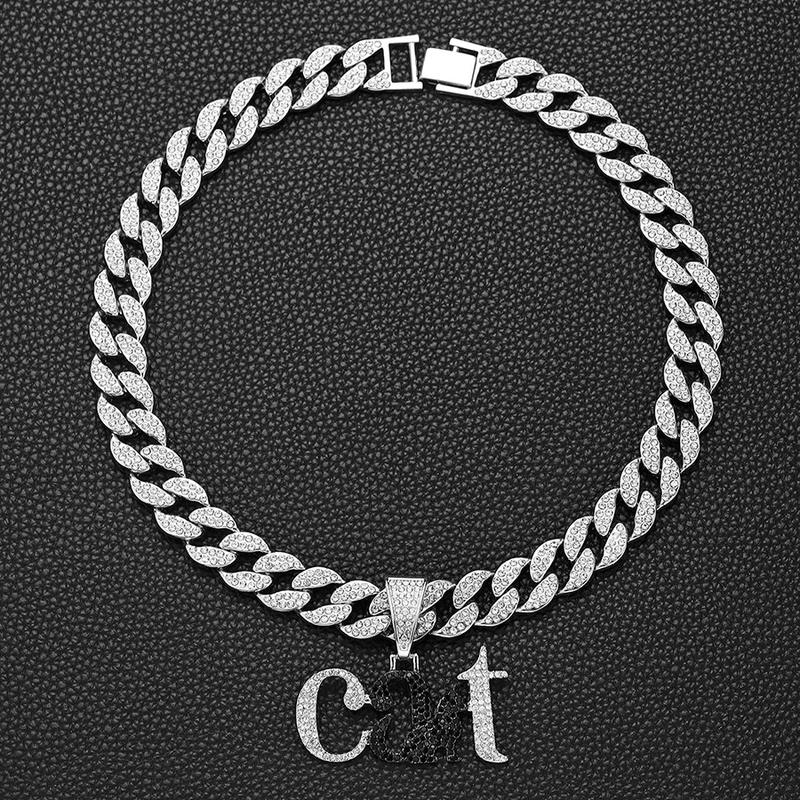 Collana cubana con ciondolo animale gatto con lettera creativa con diamanti pieni, accessori hip-hop alla moda da uomo_voghion.com