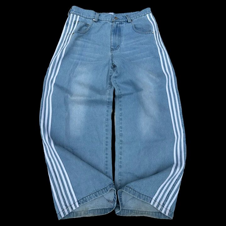 Herrenbekleidung Retro Street Stripe Jeans Washed Distressed Casual Straight Wide Leg Wischhose_voghion.com