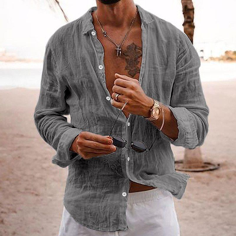 2023 New Men's Shirt Solid Color Loose Single-Breasted Turn-Down Collar Cotton Linen Long Sleeve Top_voghion.com