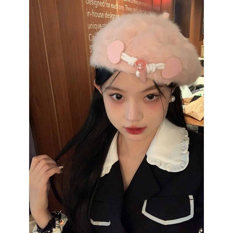 Süße und niedliche Baskenmütze mit herzförmiger Hornschnalle und Kaninchenhaar für Damen, großer Kopfumfang im Winter, veränderte Gesichtsform_voghion.com