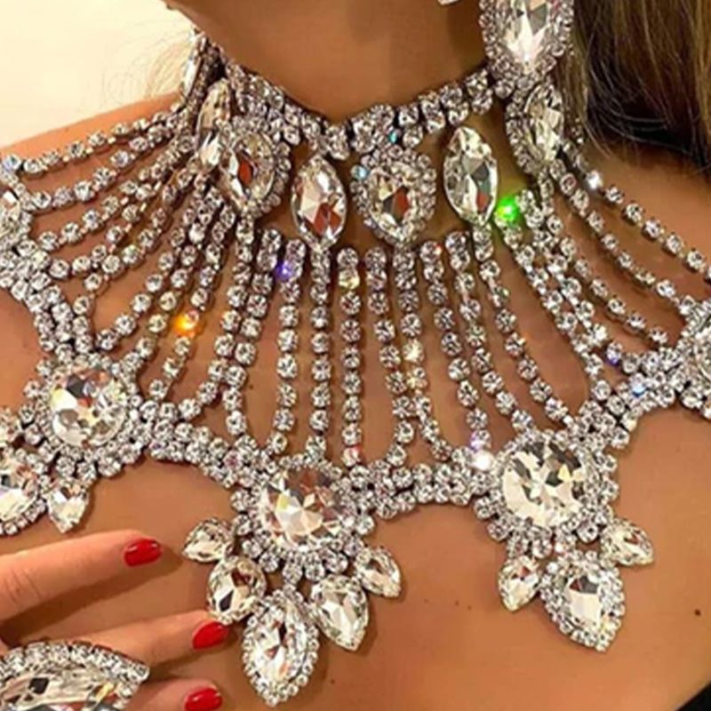 Übertriebener Strassstein-Halsketten-Set, personalisierte mehrschichtige Tropfen-Halskette, glänzende Ohrringe, Schmuck_voghion.com