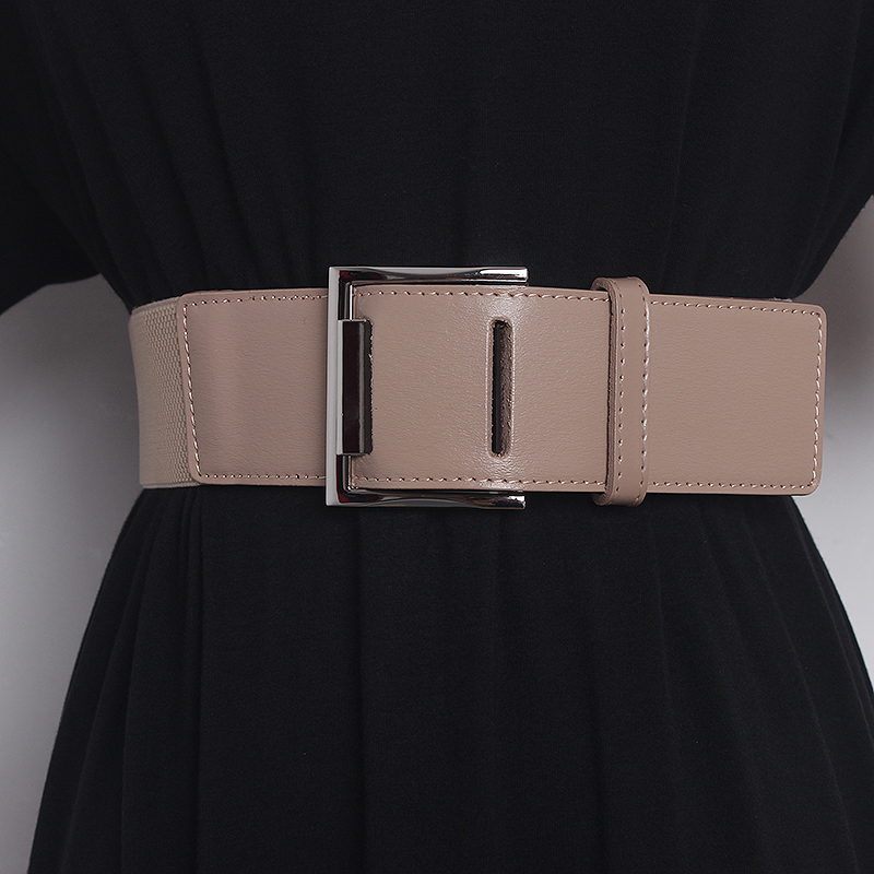 Ceinture large élastique avec couture en cuir de vache, boucle ardillon carrée, avec robe et chemise, ceinture à la mode et polyvalente, nouvelle collection_voghion.com