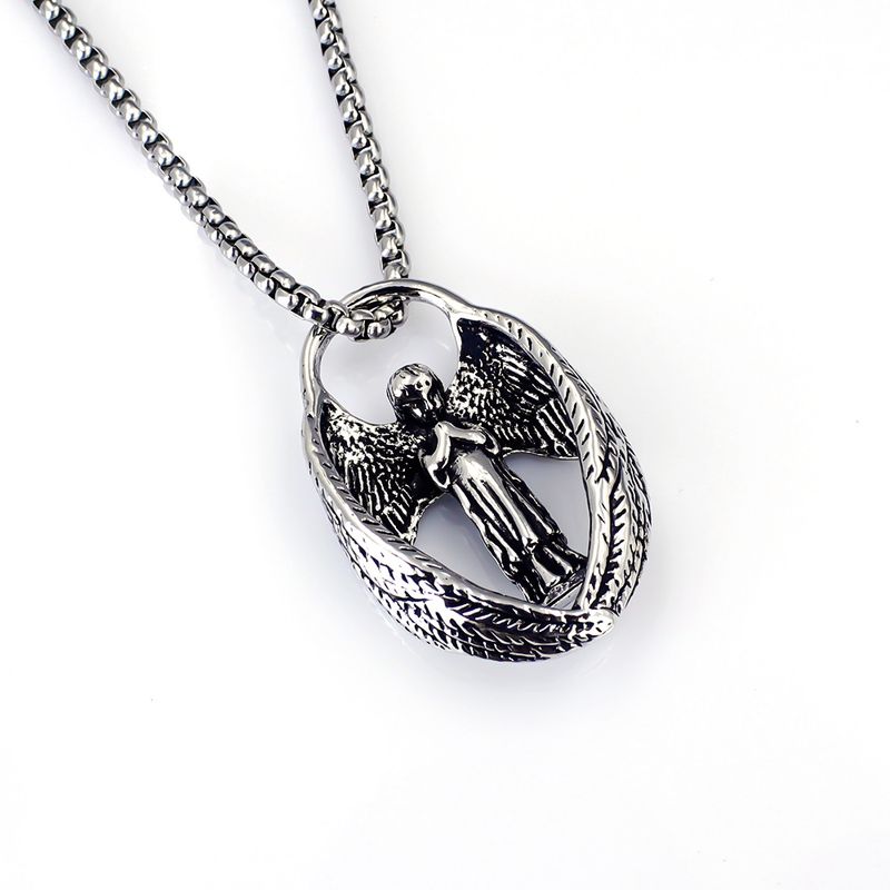 New Hip Hop Street Punk Personality Hot Sale Faith Muse Prayer Prayer Stainless Steel Pendant Angel Wings Necklace Men's Necklace_voghion.com