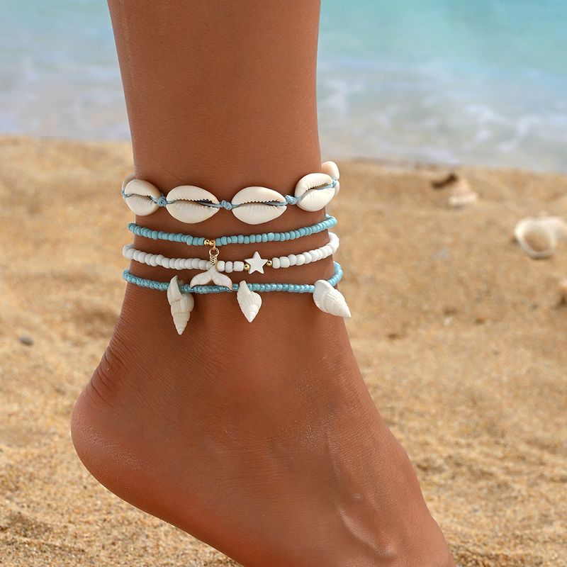 Set di cavigliere elastiche con perline e conchiglie a forma di stella marina, stile estivo per le donne, alla moda, in spiaggia_voghion.com