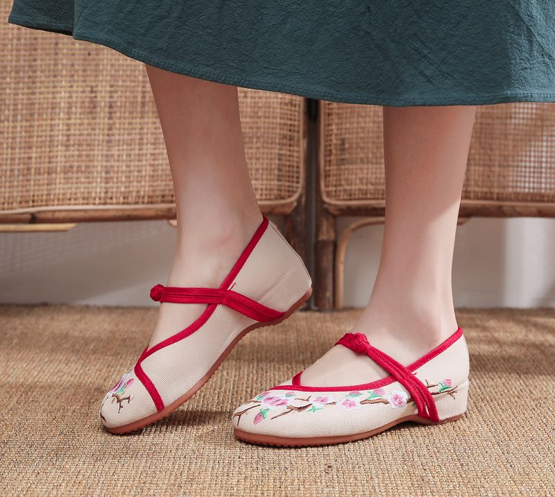 Scarpe da ballo quadrato in tessuto ricamato, con punta bassa, tacco basso, scarpe singole da donna primaverili e autunnali_voghion.com