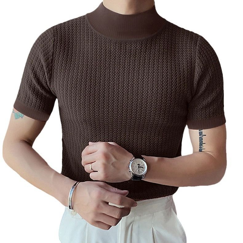 Unbeatable Quality 2024 Summer New Casual Simple Knitted Bottom Shirt For Men's High Collar Water Wave Solid Color T-shirt_voghion.com