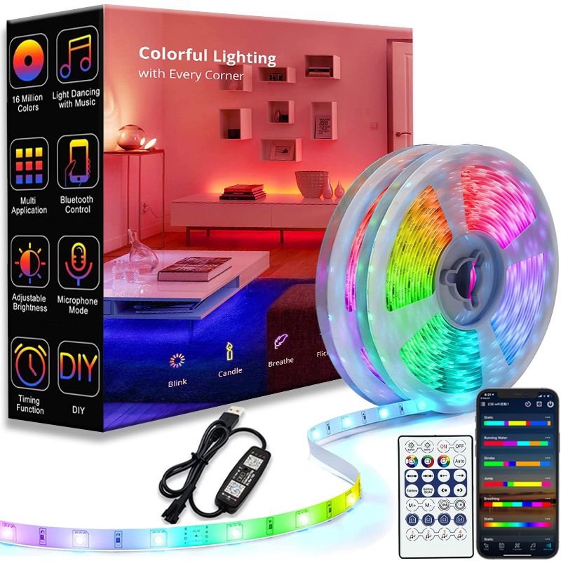 Tira de luces LED RGB USB de 5 V WS2812B, chip SMD 5050, 18 LED/m, control remoto, cambio de color, iluminación ambiental para el hogar, juegos y retroiluminación de TV._voghion.com