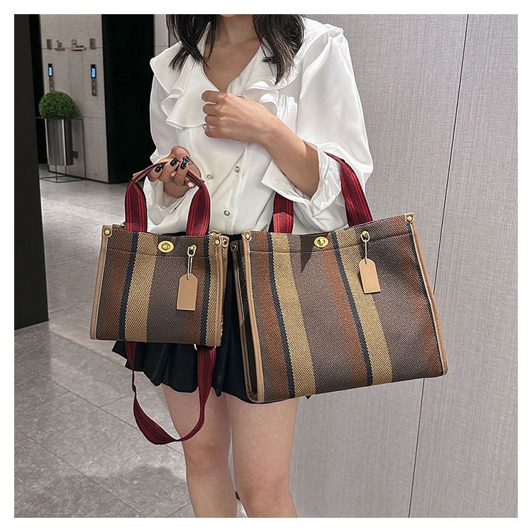 Borsa tote da donna, borsa tote a mano alla moda a righe da donna, borsa a tracolla monospalla in tela color-block di grande capacità_voghion.com