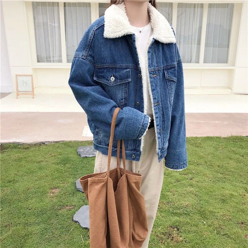 Jeansjacke, verdickter Plus-Samt-Lammwolle-Baumwollmantel, Damen-Wintermantel, lockerer BF-Kurzmantel, verdickter Denim-Baumwollmantel_voghion.com