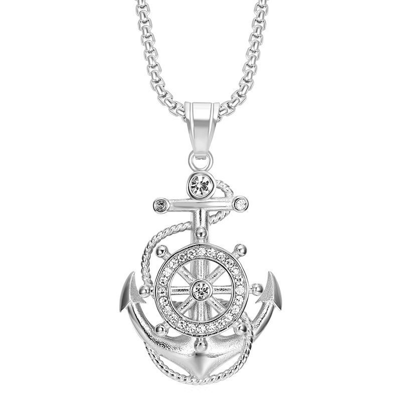 Hip hop jewelry titanium steel vacuum gold plated rhinestone anchor pendant necklace_voghion.com