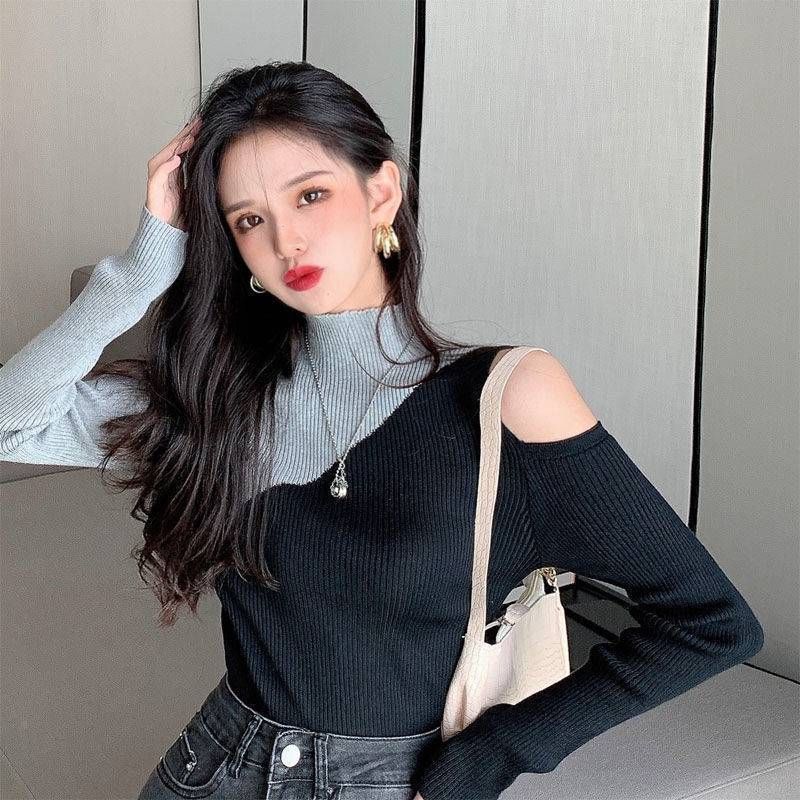 ragazza 2025 primavera e autunno nuovo maglione lavorato a maglia a collo alto a maniche lunghe con spalle scoperte color-block vestibilità slim base corta_voghion.com