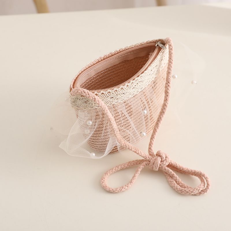 Moda Bambini Ragazze Tesa Larga Paglia Intrecciata Protezione Solare Cappello da Spiaggia Pizzo Perla Estate Floppy Bucket Cap Borsa Portatile панама_voghion.com