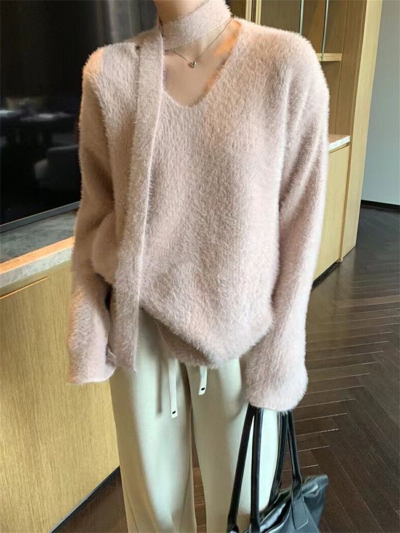 Sciarpa con scollo a V in stile coreano con pullover in pelliccia di visone, morbida maglia appiccicosa per autunno e inverno da donna_voghion.com