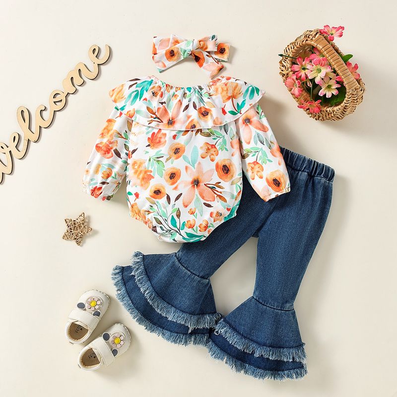 Abbigliamento per bambini Abito casual a maniche lunghe floreale floreale da bambina + set di due pezzi di pantaloni a zampa d'elefante in denim_voghion.com