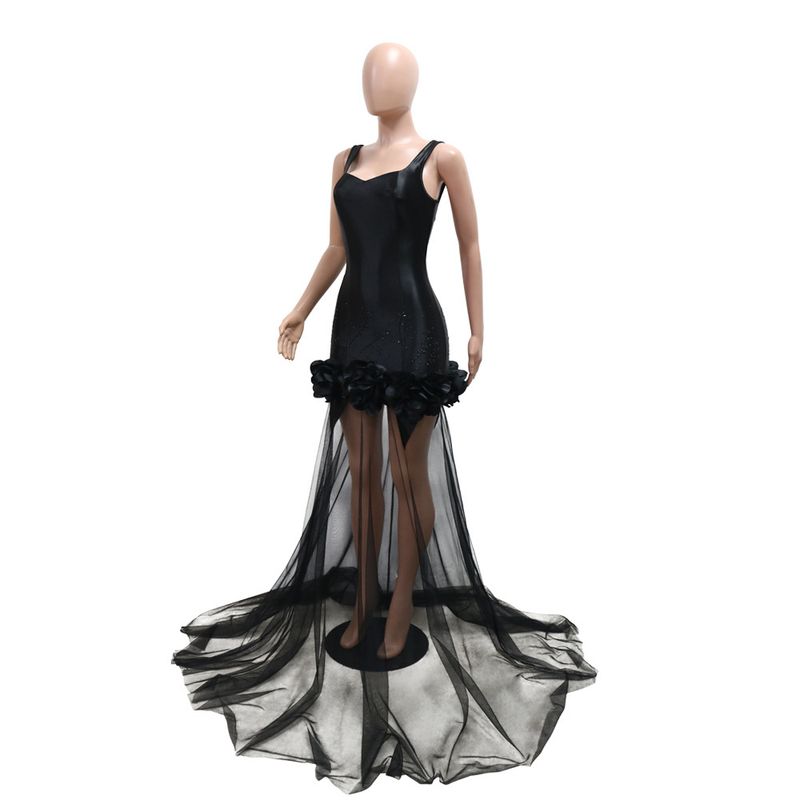 Damenbekleidung Sling Flower Mesh Kleid Gespleißt Langer Rock Sexy Sling Hot Diamond Hip Wrap_voghion.com