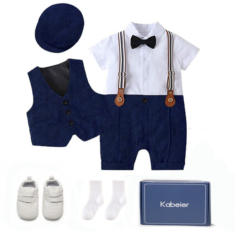 Sommer Kinder Gentleman Kleid Geschenkbox Kurzarm Jumpsuit Weste Hut Set Säuglingskleidung Taufkleid_voghion.com