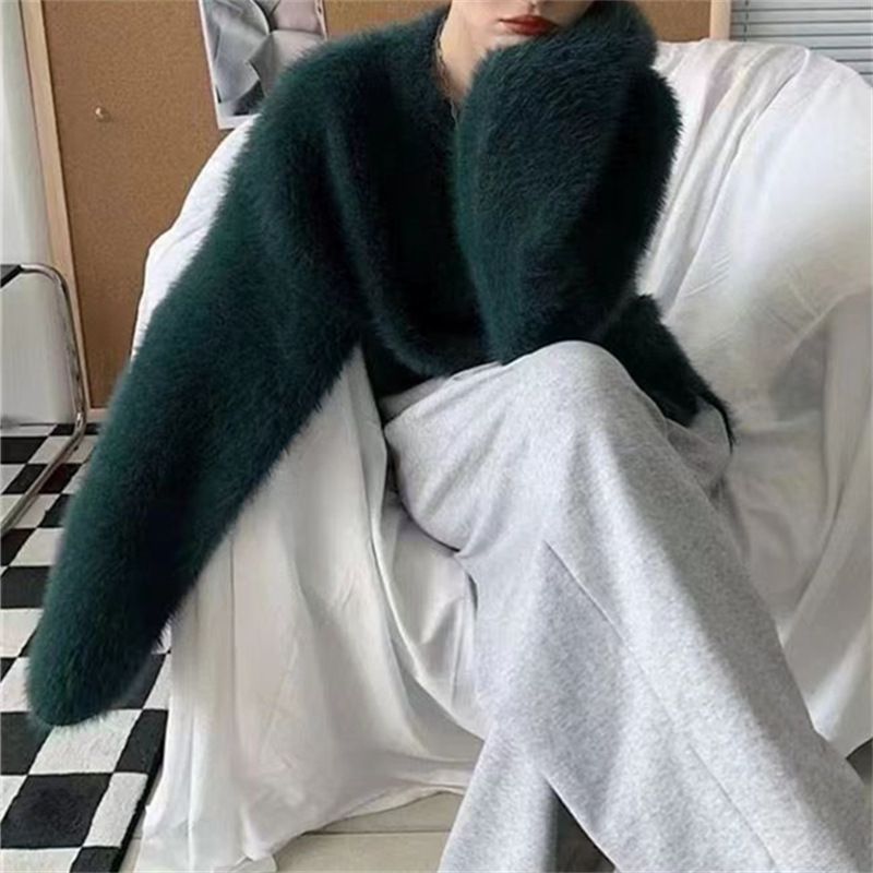 Pull oversize en tricot imitation vison pour femme – Pull doux et confortable à manches longues, tunique décontractée vintage ample_voghion.com