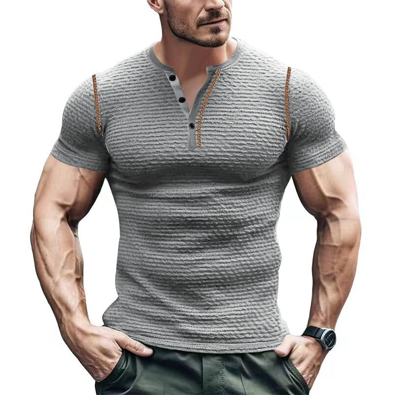 Unbeatable Quality Summer Sports Fitness Slim Fit Breathable Short Sleeved Muscle Henry Shirt Men's T-shirt_voghion.com