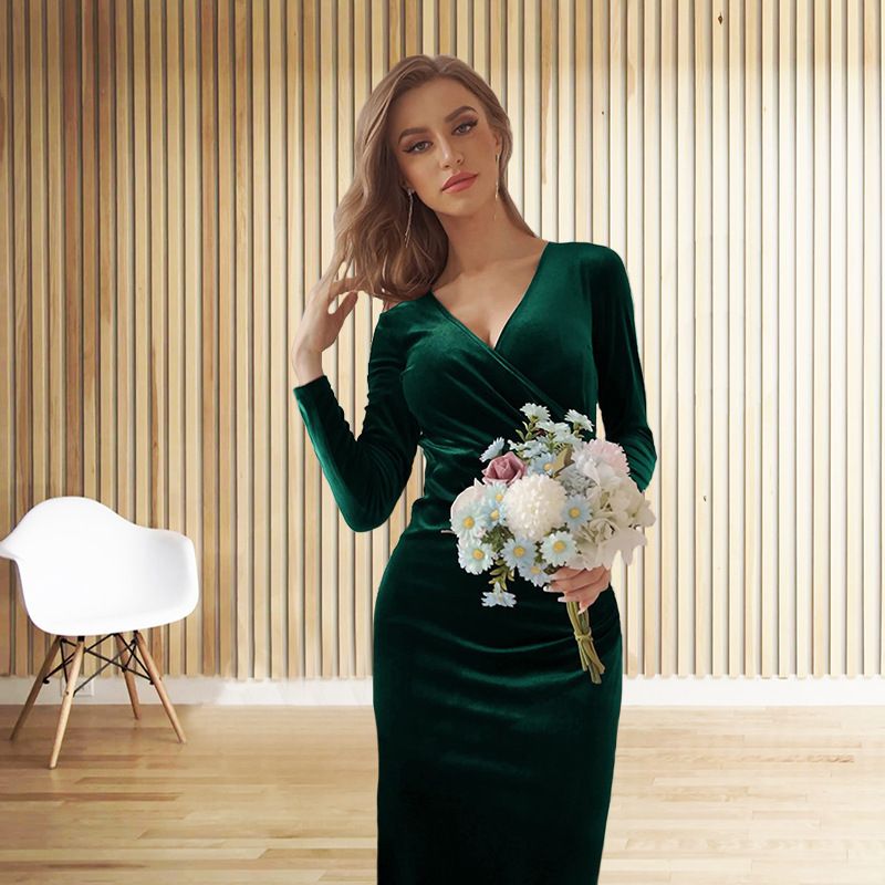 Damenbekleidung V-Ausschnitt Hüftrock Schlank Elegant Temperament Fischschwanzkleid Abendkleid_voghion.com