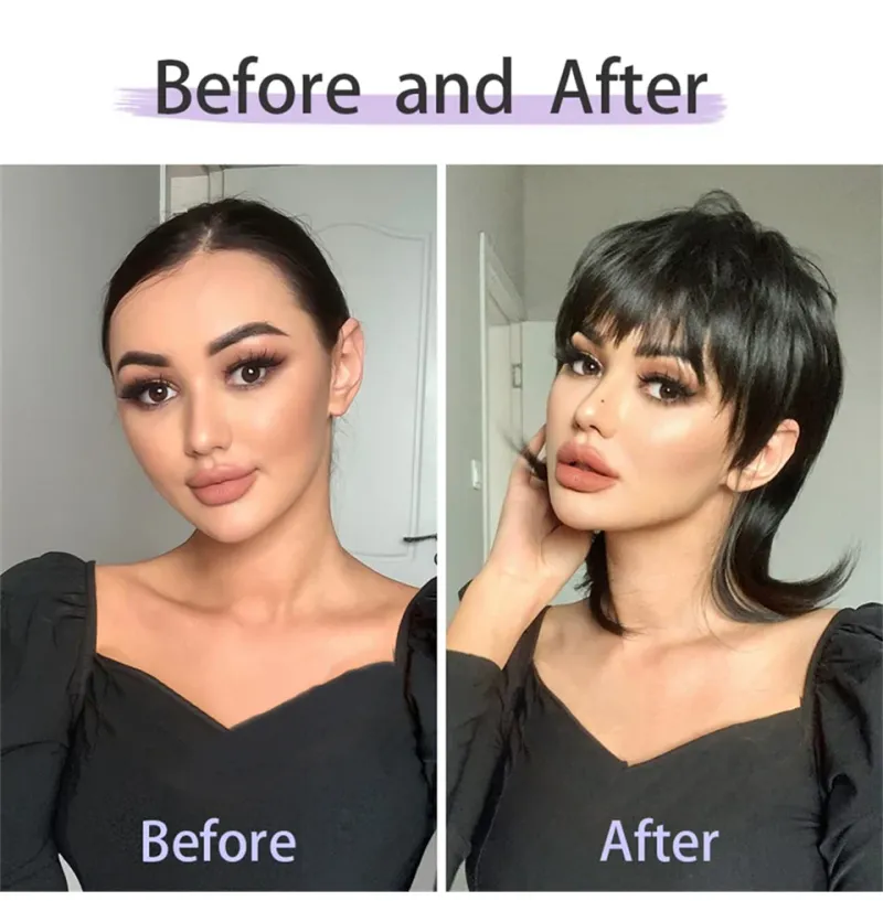 99J Ekte hår Mullet-parykk Pixie Cut-parykker 70-80-tallet Uten blonder foran Parykk med lugg Kort, raggete lagdelt Parykk til fest, cosplay-bruk_voghion.com