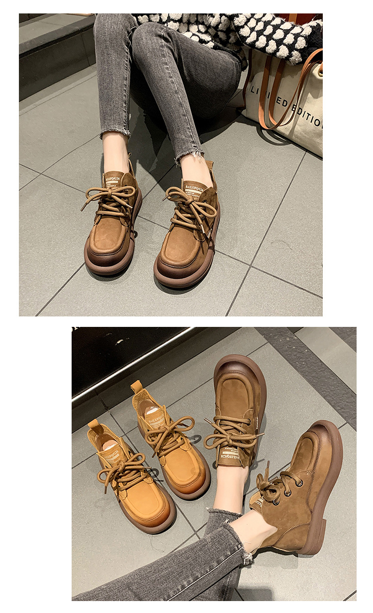 Autumn 2023 New Thick-heeled Round-toed Brown Retro Style High-top Short Boots front lace-up lazy shoes Martin boots women_voghion.com