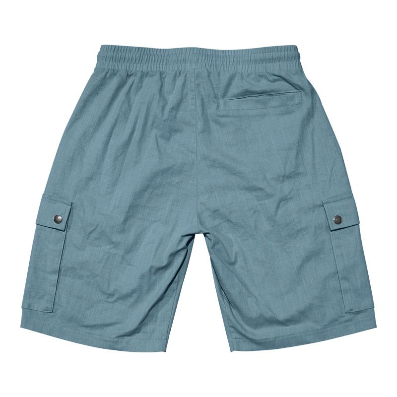 Pantaloncini da uomo in lino, pantaloncini cargo tinta unita con elastico in vita, tasche per viaggi e tempo libero, pantaloncini da spiaggia a gamba larga per l'estate_voghion.com